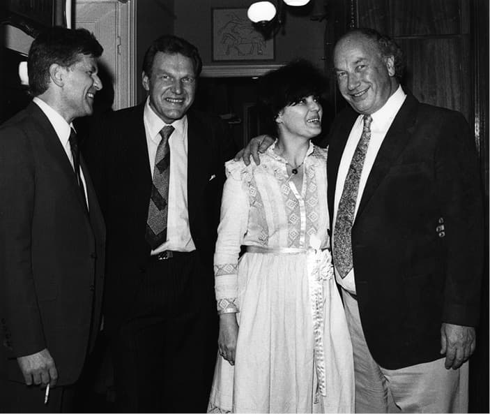Professor A. Szczeklik (speaking) and professor R. J. Gryglewski (in the middle) at the annual symposium organized by the Jagiellonian Medical Research Center, Kraków, early 1990s; reprinted from