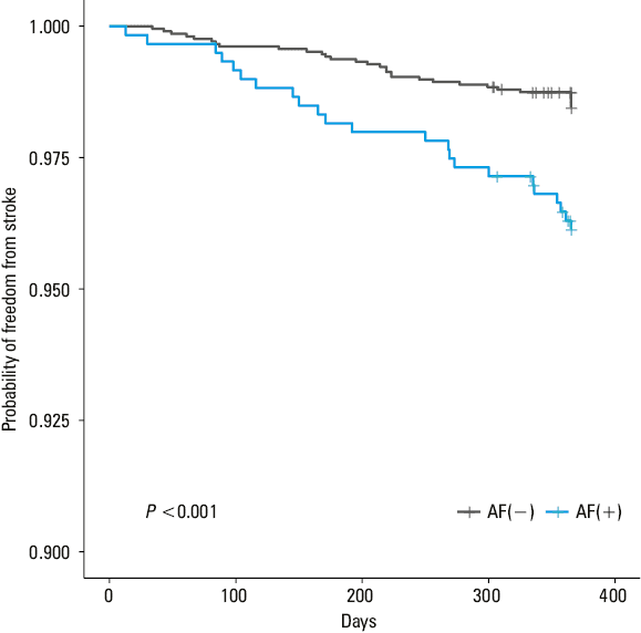 Kaplan–Meier curve of the probability of freedom from stroke in the groups without and with oral anticoagulation