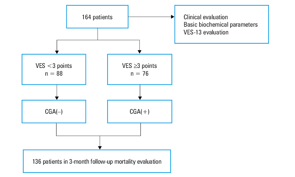A – receiver operating characteristic (ROC) curve of the Vulnerable Elders Survey-13 (VES-13) for predicting 3-month mortality among patients with acute pulmonary embolism (APE); B – ROC curve of the simplified Pulmonary Embolism Severity Index (sPESI) for predicting 3-month mortality among patients with APEAbbreviations: AUC, area under the curve; others, see Figure 1