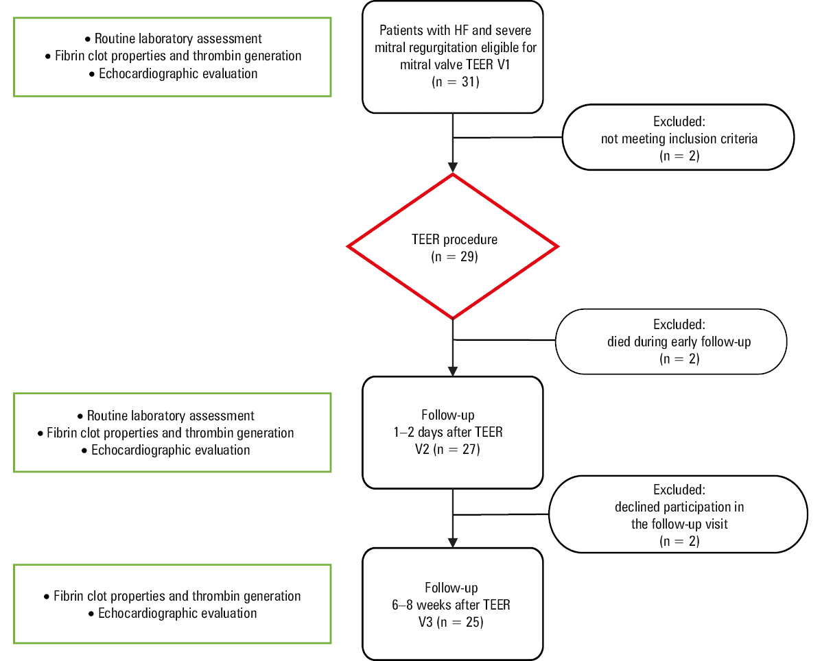 
      Differences in fibrinogen, permeation coefficient (Ks), clot lysis time, and thrombin generation parameters at visit 1 (V1), before transcatheter edge-to-edge repair (TEER); visit 2 (V2), 1–2 days after TEER; and visit 3 (V3), median of 50 days after TEER
      For all post hoc analyses the Dunn test was used. The graphs show changes in individual patient cases during the 3 assessed visits (V1–V3). P values correspond to the difference in the variable of interest between the complete triplets of observations.
      Abbreviations: see Figure 1, Tables 1 and 3
    