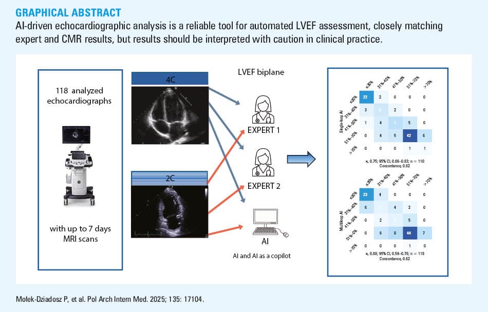 
      Mistakes made by artificial intelligence in the assessment of ejection fraction (EF); A, B – overestimation of EF due to foreshortening of the left ventricular apex and significant shortening of the longitudinal axis of the left ventricle during systole; C – end-systolic volume measured during an extrasystole (circle and arrow); D – a 3-chamber view misinterpreted as a 4-chamber view due to insufficient scan depth; E – foreshortening of the left ventricular apex due to suboptimal imaging; F – incorrect contouring of the end-diastolic volume due to poor endocardial visibility
    