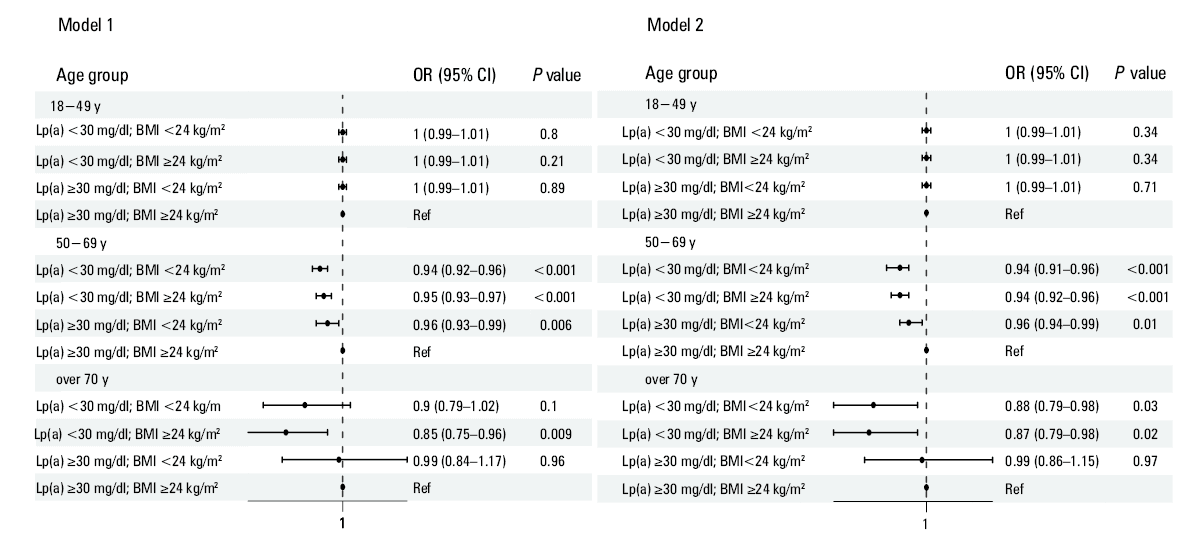 Kaplan–Meier plots of stroke (A), heart failure (B), and major adverse cardiovascular events (C) according to lipoprotein(a) (Lp[a]) level and body mass index (BMI). P values were calculated with the log-rank test.