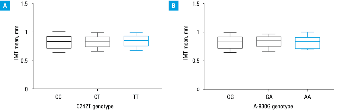 Flow-mediated dilatation (FMDmax; A and B) and nitroglycerin-induced dilatation (NMDmax; C and D) of brachial arteries in patients with different genotypes of the C242T (A and C) and A-930G (B and D) polymorphisms. Boxes represent 25%–75%, while whiskers represent 10%–90% of the FMDmax or NMDmax values.