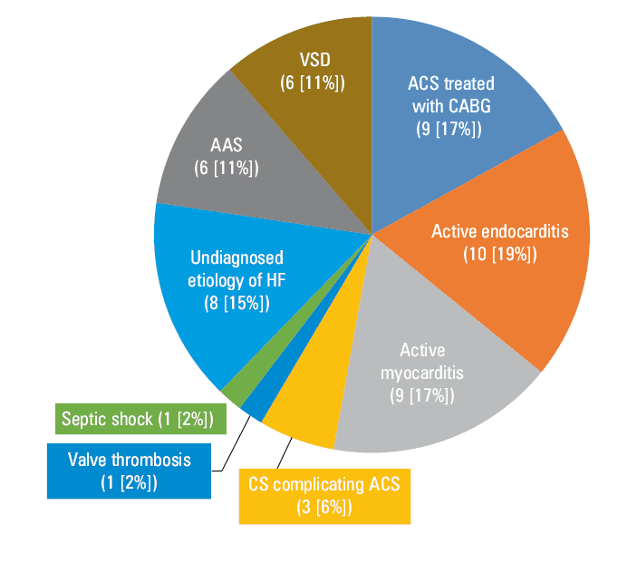 Main indications for venoarterial extracorporeal membrane oxygenation implantation (n = 198). Other included: 2 cases of tamponade, 1 case of valve thrombosis, and 1 case of septic shockAbbreviations: CBP, cardiopulmonary bypass; LCOS, low cardiac output syndrome; others, see Figure 2