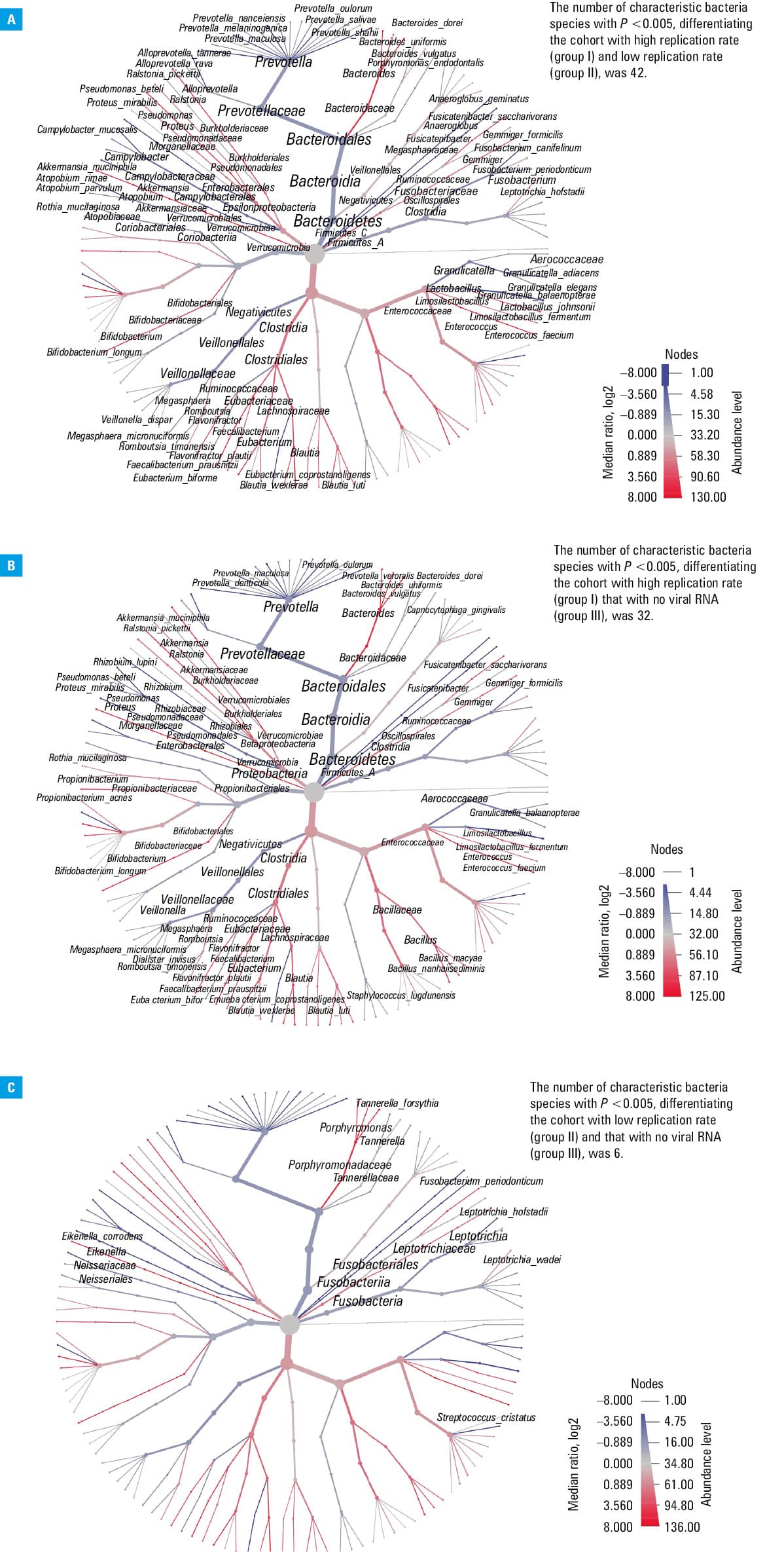 Relative percentage distribution of bacteria depending on the SARS-CoV-2 viral load; A – phylum level (L2); B – species level (L7); all taxa with relative percentages below 2% are grouped together as “other.”