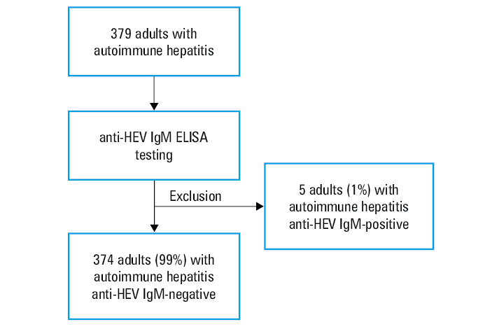 Liver stiffness (A), spleen stiffness (B), and Fibrosis-4 index (C) in patients with autoimmune hepatitis in relation to the hepatitis E virus (HEV) serologic status. Groups of patients were compared with the Wilcoxon Mann–Whitney test. Boxes represent lower / upper quartile, whiskers represent ranges, and the line in the middle of each box represents median.Abbreviations: FIB-4, Fibrosis-4 index; LSM, liver stiffness measurement; SSM, spleen stiffness measurement; others, see Figure 1