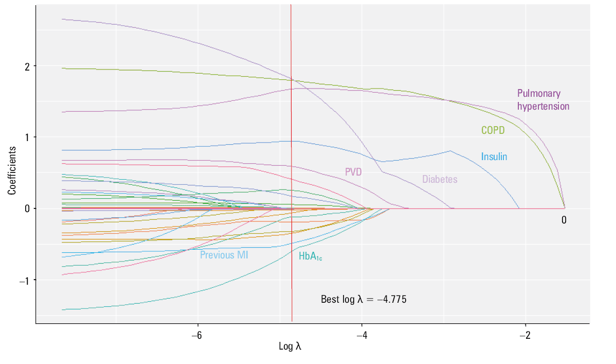 Calibration curve (A) and receiver operating characteristics curve (B) applied to the prediction of the SYNTAX Score II 2020
Abbreviations: AUC, area under the curve