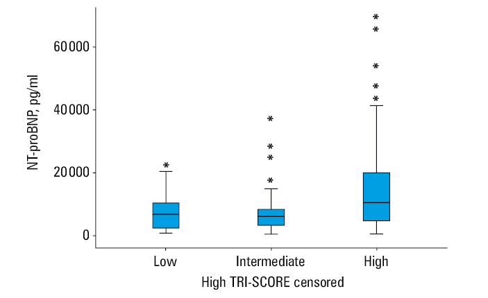 Kaplan–Meier analysis of the survival curves stratified by the TRI-SCORE subgroups