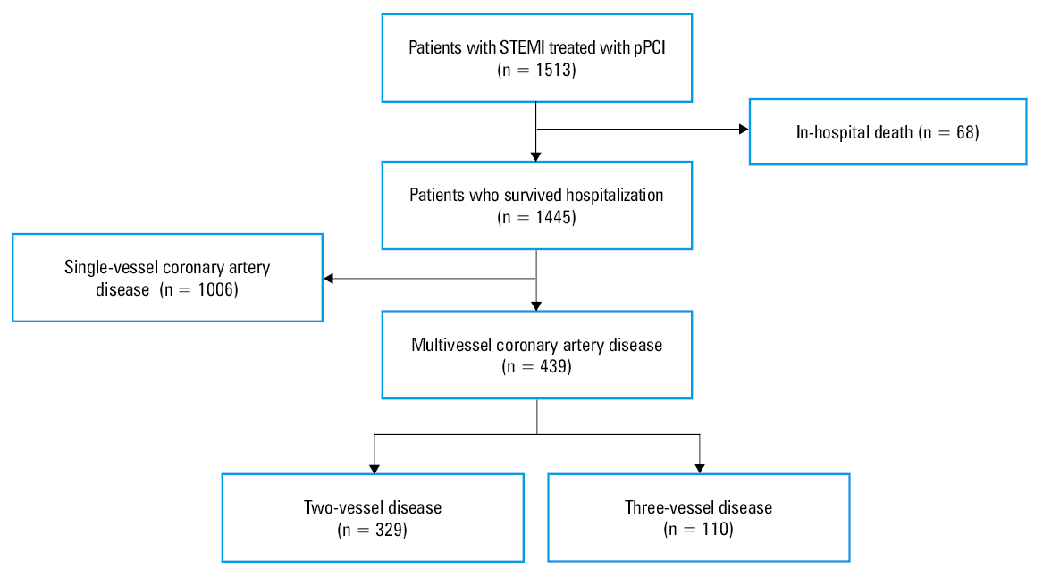 Kaplan–Meier estimates for all-cause death (A), myocardial infarction (B), percutaneous coronary intervention (C), and cardiac readmission (D) during 24-month follow-up in patients with ST-segment elevation myocardial infarction and 2- or 3-vessel coronary artery diseaseAbbreviations: see Table 1