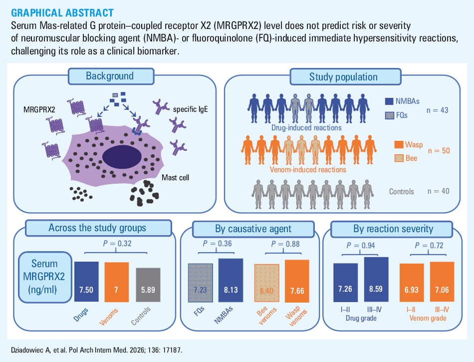 Serum Mas-related G protein–coupled receptor X2 (MRGPRX2) concentrations across 3 study groups. In the drug-induced reaction group, triangles represent the patients with reactions triggered by fluoroquinolones (ciprofloxacin). In the Hymenoptera venom–induced reaction group, gray symbols indicate patients allergic to bee venom and blue symbols indicate patients allergic to wasp venom. Squares denote patients with systemic mastocytosis. Purple symbols represent controls.