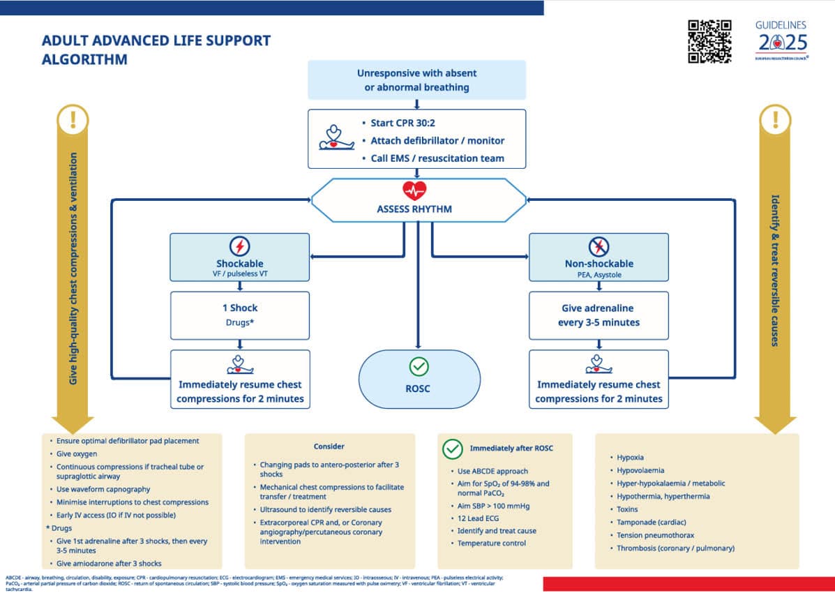 Adult post-resuscitation care algorithm; 2025 European Resuscitation Council Guidelines, copyright European Resuscitation Council (www.erc.edu); 2025_NGL_068Abbreviations: CT, computed tomography; EEG, electroencephalogram; ICD, implantable cardioverter-defibrillator; ICU, intensive care unit; MAP, mean arterial blood pressure; PCI, percutaneous coronary intervention; others, see Figure 3